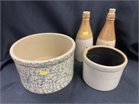 Roseville Storage Crock with Stoneware Bottles
