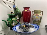 Pottery Bird, Carnival Ware Bowl, Porcelain Vase