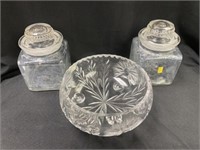 2 Glass Canisters with Glass Footed Bowl