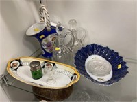 Glass Cruet Bottles with Porcelain Bowls & Basket