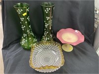 Hobnail Bowl with Art Glass Vases and Compote