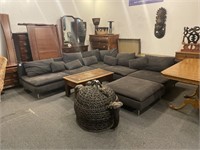 Large navy upholstered sectional couch