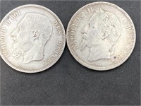 (2) Silver 5 Francs 1867 & 1869