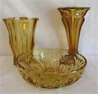 Set of 3 Deco Style Amber Glass Vases &  Bowl