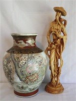 Carved Resin Asian Figure & Lg Urn Vase