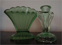 Deco Style Green Depression Glass Vases & Frogger