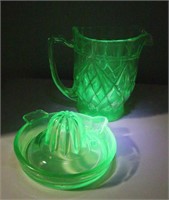 Uranium / Vaseline Green Glass Pitcher & Juicer