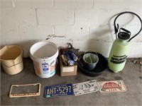 LICENSE PLATES, OIL PAN, CRAFTSMAN SPRAYER, ETC.