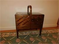 WOODEN FOLDING SEWING BOX W/ CONTENTS