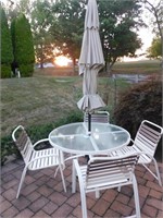 GLASS TOP TABLE, UMBRELLA & 4 CHAIRS