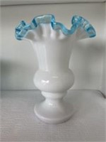 Fenton 7" Vase Aqua Crest Milk Glass Ruffled Edge
