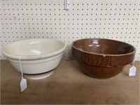 Pair Of Stoneware Pottery Mixing Bowls Incl. Picke