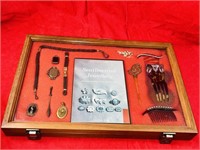 19TH CENTURY HAIR JEWELRY DISPLAY CASE & CONTENTS