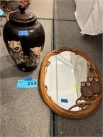 Plastic framed owl mirror and owl crock with lid