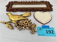 Lot of 3 Plastic framed mirror, bird and sign