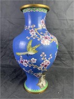 Chinese Cloisonne Blue Brass Vase w Birds