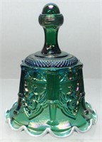 FENTON GREEN CARNIVAL GLASS BELL, 6in H