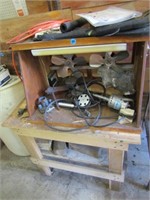 GROUP - WOOD TABLE, BOX WITH FANS, & MISC TOOLS,