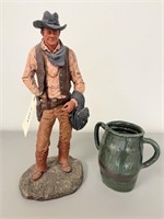 Green Handled Pottery Vase & Cowboy Statue w/ chip