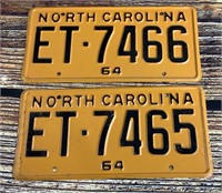 (2) 1964 Consecutive NC License Plates