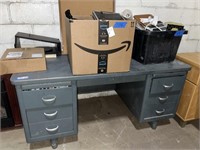 Metal Desk, Assortment of Office Supplies, & More
