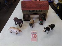 Cast Iron Barn Yard Barn and 5 Cast Iron Animals
