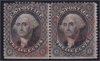 US Stamps #36 Used pair, left stamp with, CV $700