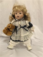 PORCELAIN DOLL Vintage With BEAR Blonde Hair 13.5"