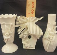 Vintage 4" Ivory Vases and Birdhouse Decor