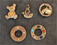 5 Goldtone Brooch Pins Including Trifari