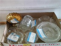 GLASS CANDY DISHES, PLATTERS, BRASS DISH