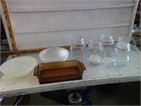 FIRE KING DISHES, GLASS CANISTERS,