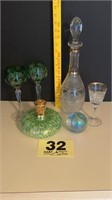 Crystal Decanter with Green Stemware