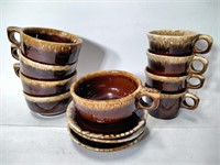 Hull Brown Drip Glazed Teacups & Saucers + Bowls