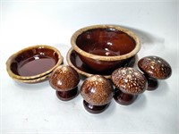 Hull Brown Drip Glazed Bowls, Mushroom Shakers +