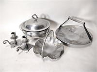 5 - 1960s Aluminum Candle Holders, Lidded Bowl +
