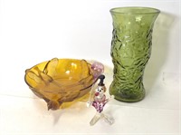 VTG Green Seneca Glass Vase Amber Pheasant Bowl+