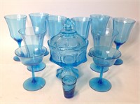 Blue Glass Goblets & Footed Compote w/Lid