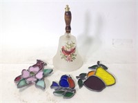 3 Stained Glass Ornaments & Glass Bell