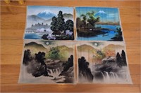4 Hand Painted Japanese Art Pictures on Fabric,