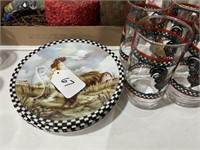 4 Rooster Plates & 8 Rooster Glasses