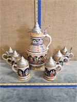 GERMAN STEIN W/ PEWTER LID & 6 MATCHING MUGS