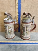 2 GERMAN STEINS W/ FIGURAL LIDS