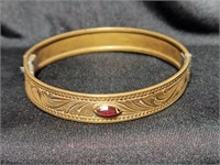 Etched Brass Red Rhinestone Child Bangle Bracelet