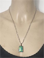 Mexico Green Marbled Stone Pendant and Chain SS