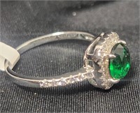 May Emerald Silver Ring with Rhinestones Sz 8