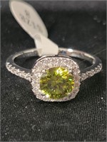 August Peridot Silver Ring with Rhinestones Sz 8