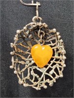 Amber Heart Brutalist Silver Brooch Vintage