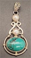 (LK) Sterling Silver Turquoise and Pearl Pendant