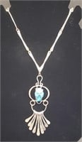 (LK) Turquoise Silvertone Fringe Necklace (22"